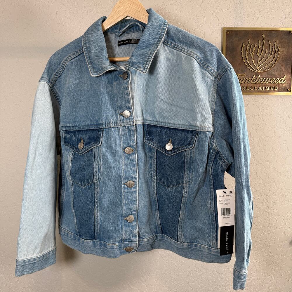 Women's Black Tape Patchwork Denim Blue Jean Button‎ Front Jacket Size 1X NEW119